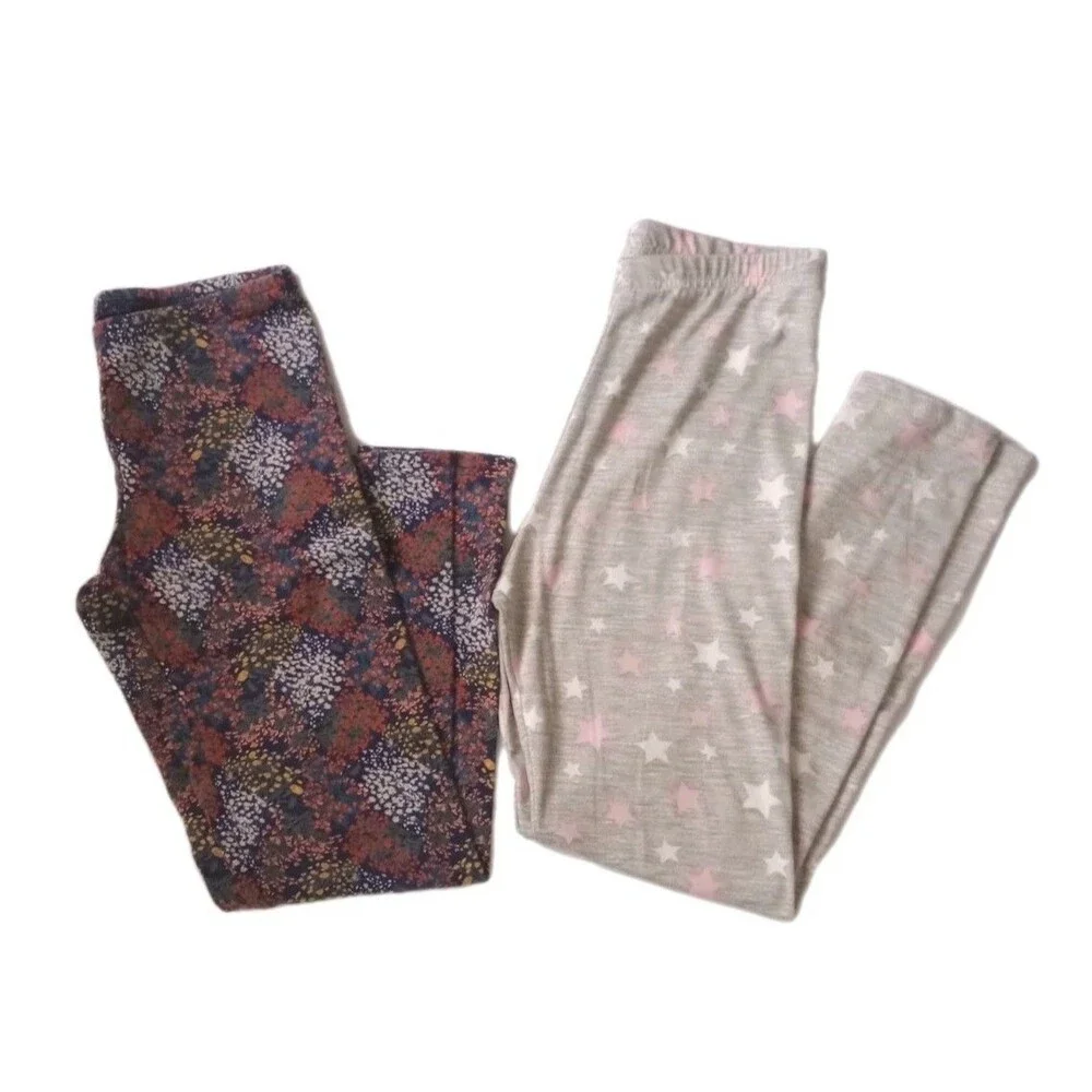 2pc Legging Lot Old Navy/Bobbie Brooks sz L 10/12 Girls NavBlu Floral/Gray Stars